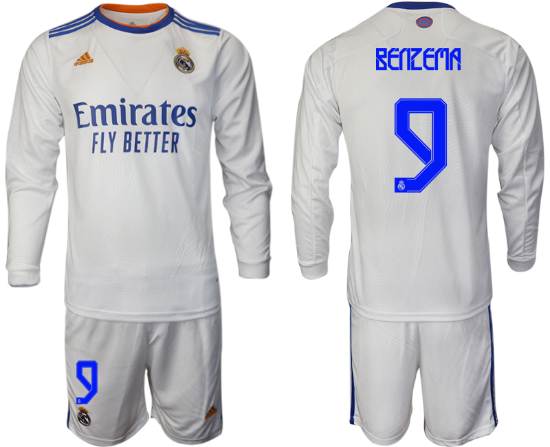 Men 2021-2022 Club Real Madrid home white Long Sleeve #9 Soccer Jersey->real madrid jersey->Soccer Club Jersey